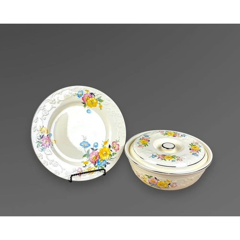Homer Laughlin‎ Virginia Rose Style Covered Casserole Plate Floral Vintage READ
